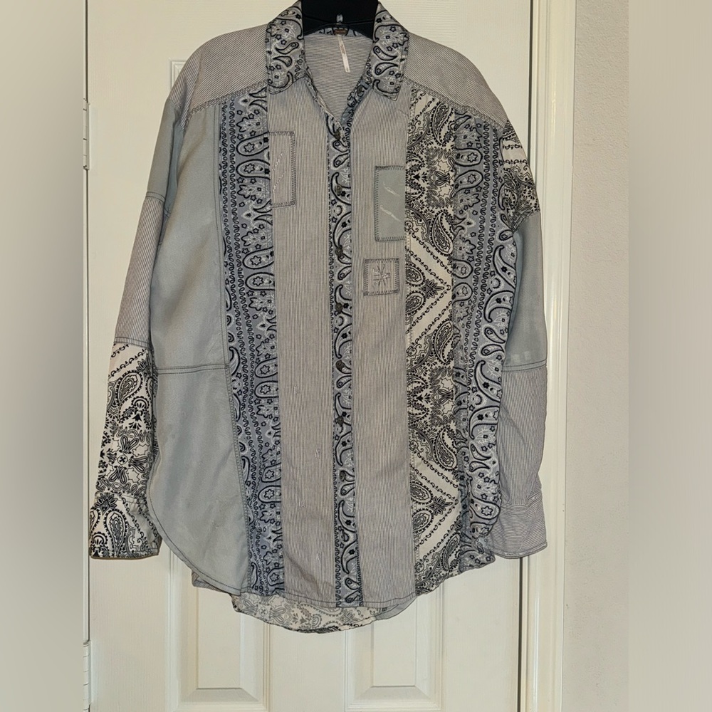 Free People Multi Pattern Distressed Button Down - image 1